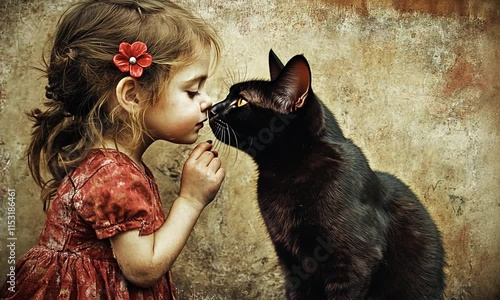 A little girl in a red dress faces a black cat, a moment of quiet connection.