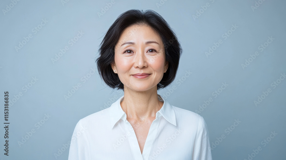 Joyful Asian woman in white shirt with warm smile against light background Joyful Asian woman in white shirt with warm smile against light background
