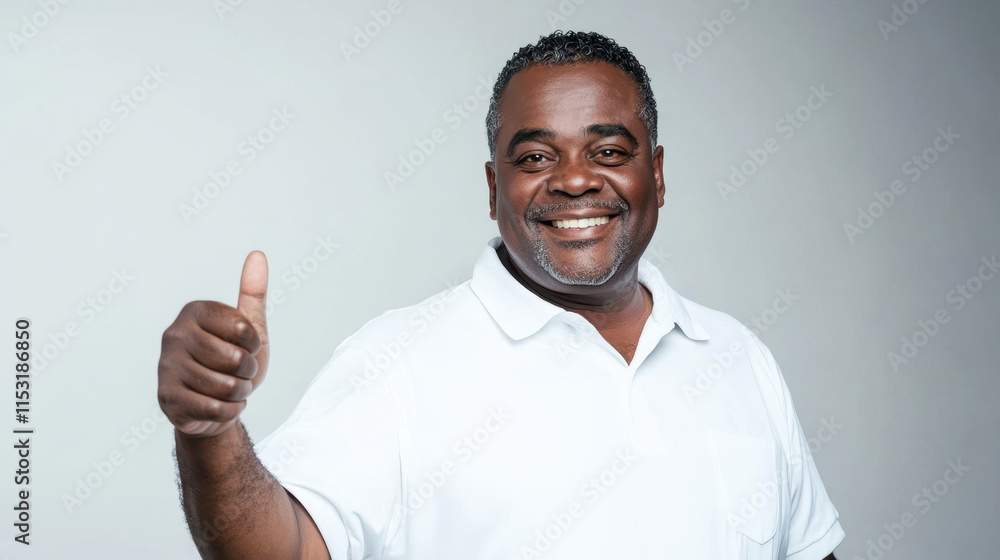 Cheerful African American man in white shirt giving thumbs up, radiating positivity and confidence Cheerful African American man in white shirt giving thumbs up, radiating positivity and confidence