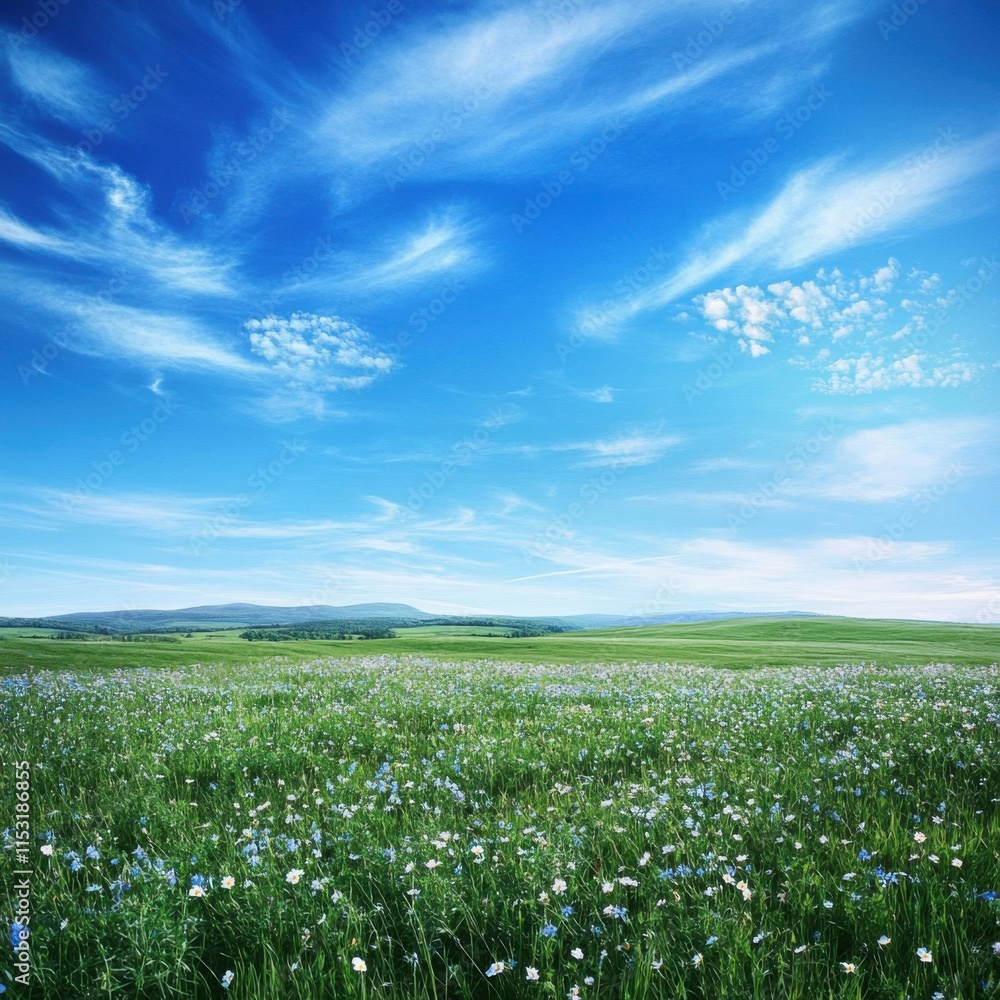 Expansive green meadow under a vibrant blue sky filled with wispy clouds at midday Expansive green meadow under a vibrant blue sky filled with wispy clouds at midday