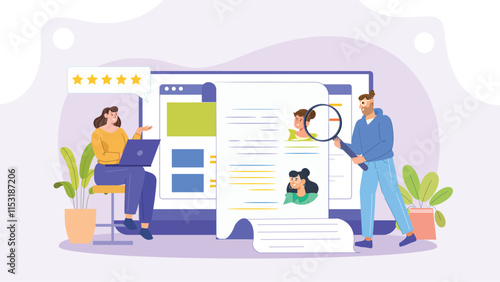 A creative job hiring illustration featuring a magnifying glass focusing on multiple candidate profiles.