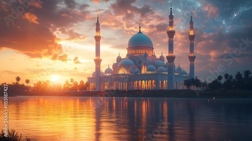 Stunning sunset view of a magnificent mosque reflected in tranquil water.  Peaceful and serene atmosphere. photo