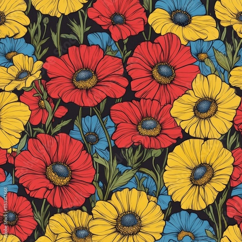 Vibrant floral pattern featuring red, yellow, and blue flowers against a black background, perfect for textiles and designs.