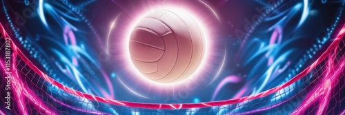 A glowing neon volleyball and volleyball net against futuristic digital background. Website banner copy space for text