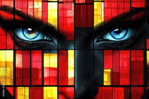 A striking close-up of a person's eyes with vibrant red and yellow geometric patterns reflecting on their face, creating a captivating visual impact.