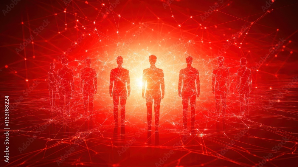 A digital representation of abstract figures in a networked environment with a glowing center. A digital representation of abstract figures in a networked environment with a glowing center.