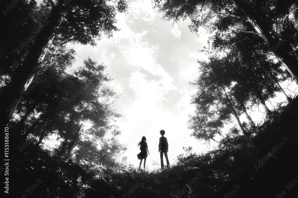 Anime friends exploring a serene forest glade slice of life manga style high detail trees tranquil environment Anime friends exploring a serene forest glade slice of life manga style high detail trees tranquil environment