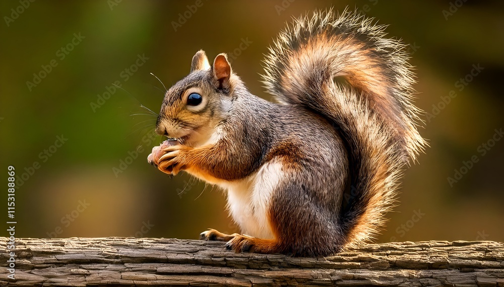 A squirrel sitting on a piece of wood and eating an acorn, showcasing nature's wildlife and playful behavior A squirrel sitting on a piece of wood and eating an acorn, showcasing nature's wildlife and playful behavior