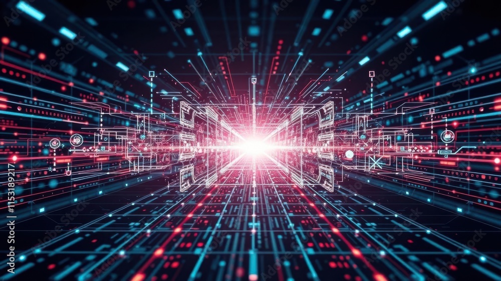 Futuristic Digital Tunnel with Bright Light Effect and Neon Patterns Representing Cyber Space and Data Transmission in Technology Environment Futuristic Digital Tunnel with Bright Light Effect and Neon Patterns Representing Cyber Space and Data Transmission in Technology Environment