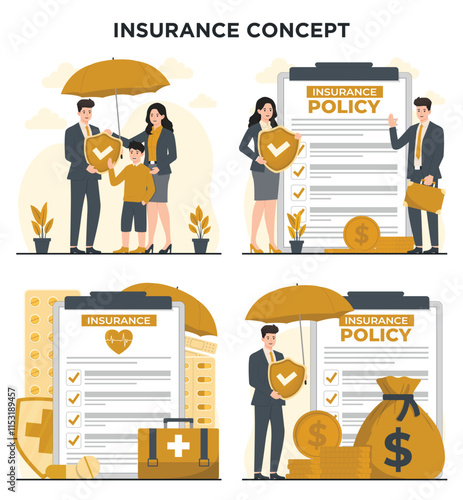 Insurance set Family protection Insurance policy health life insurance umbrella and money bag vector illustration