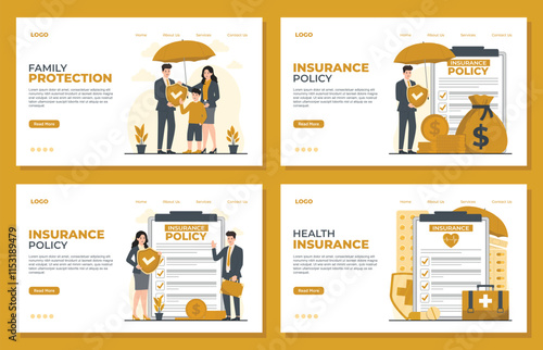 Insurance landing page template set Family protection Insurance policy health life insurance umbrella and money bag vector illustration