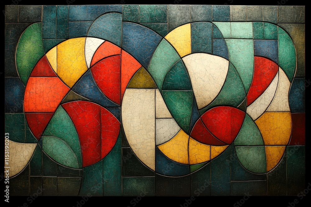 Fototapeta premium A vibrant abstract composition featuring curved shapes in red, green, yellow, and blue, creating a dynamic visual flow.