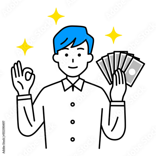 お金を持ってOKサインをするカジュアルな男性