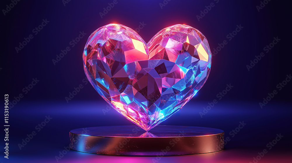 A vibrant, 3D rendered heart, glowing with iridescent colors. A captivating 3D model of a heart, constructed from multifaceted polygonal shapes, bathed in vibrant neon pink and blue light. A vibrant, 3D rendered heart, glowing with iridescent colors. A captivating 3D model of a heart, constructed from multifaceted polygonal shapes, bathed in vibrant neon pink and blue light.