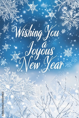 A serene winter scene with Wishing You a Joyous New Year written in elegant script