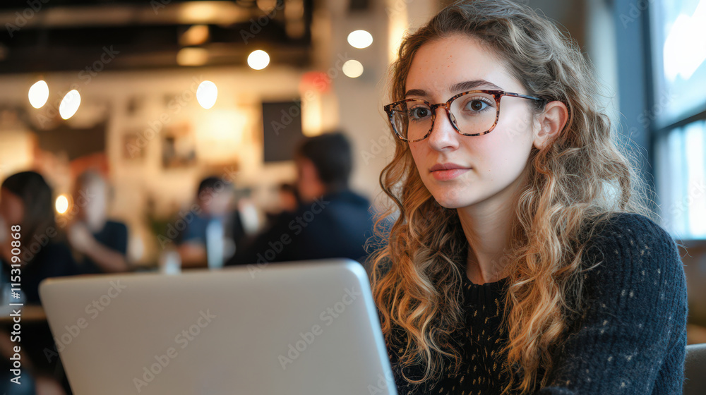 A young professional woman seated in a modern co-working space, designing website layouts on her laptop with a thoughtful expression, surrounded by other focused individuals A young professional woman seated in a modern co-working space, designing website layouts on her laptop with a thoughtful expression, surrounded by other focused individuals