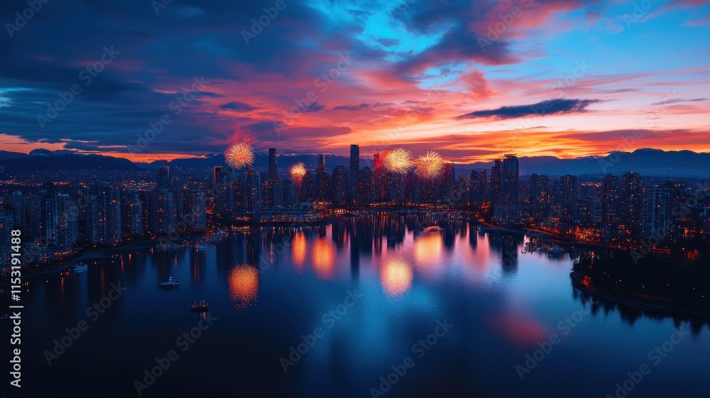 A vibrant city skyline at sunset with reflections on water and fireworks lighting the sky. A vibrant city skyline at sunset with reflections on water and fireworks lighting the sky.