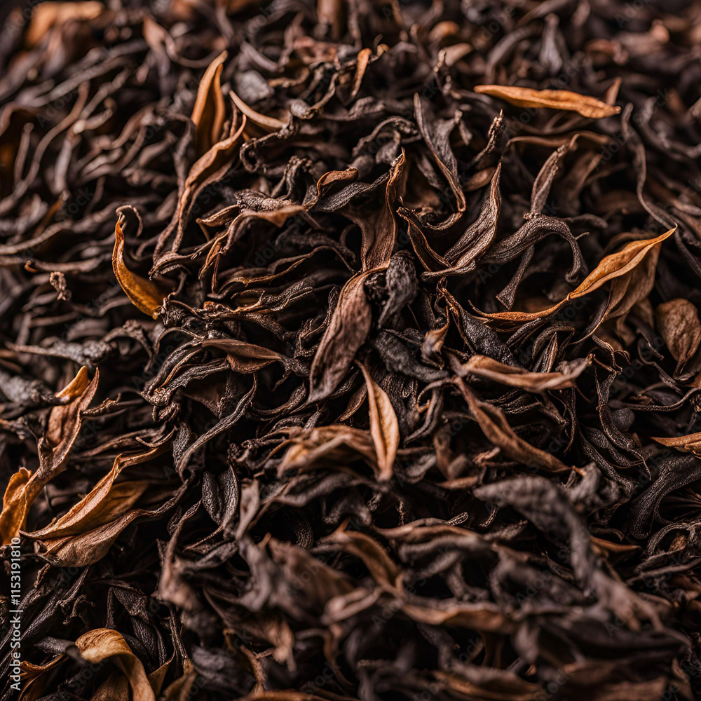 Detailed macro shot of black tea leaves in a pile Detailed macro shot of black tea leaves in a pile