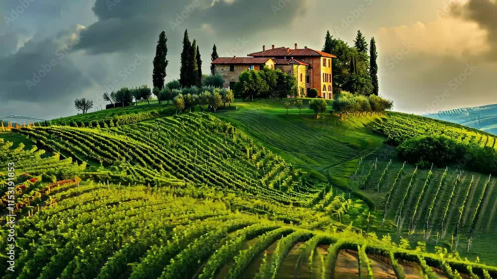 Picturesque Vineyard Landscape With a Rustic Farmhouse Nestled on a Hillside During Golden Hour in the Italian Countryside Picturesque Vineyard Landscape With a Rustic Farmhouse Nestled on a Hillside During Golden Hour in the Italian Countryside