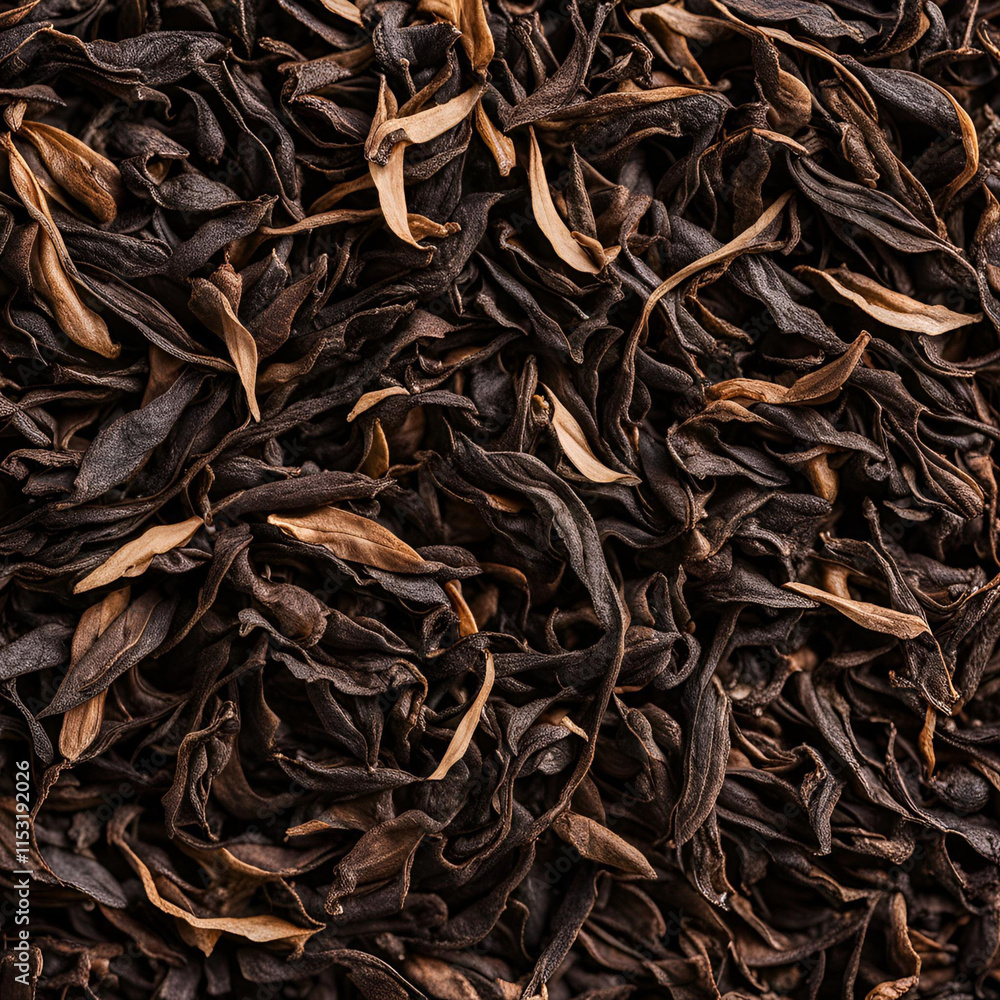 Dry dark tea leaves, showing their texture and quality Dry dark tea leaves, showing their texture and quality