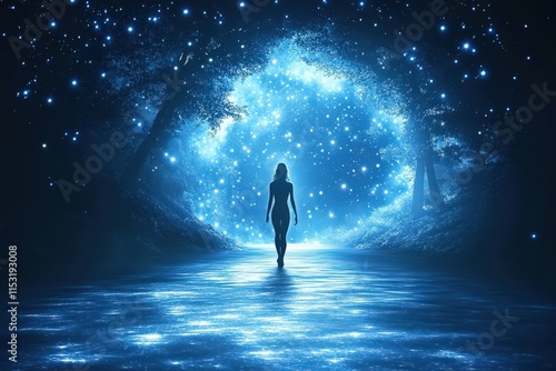 A silhouette of a woman walking towards a luminous, starry portal in a serene forest environment.