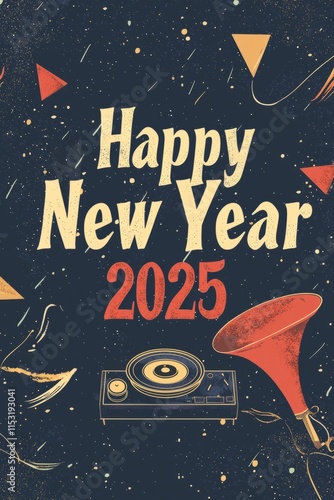 A vintage-style background with Happy New Year 2025 written in retro font. Classic party decoration