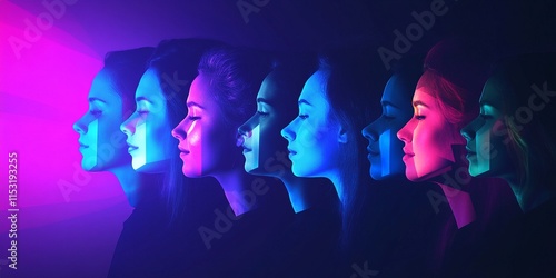 Silhouettes with Faces in Prism-Like Reflections, Blue to Magenta Gradient with Soft Light Effects photo