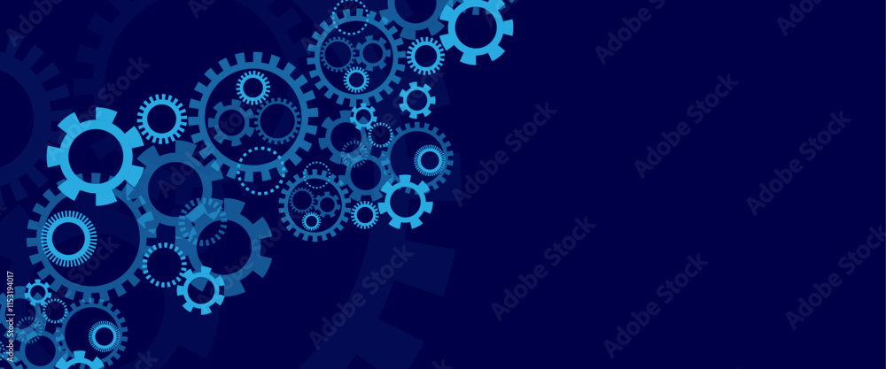 Blue gear wheel with electronic circuit board for mechanical engineering with dots and lines connection, Hi-tech digital technology and engineering Blue gear wheel with electronic circuit board for mechanical engineering with dots and lines connection, Hi-tech digital technology and engineering