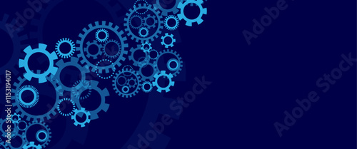 Blue gear wheel with electronic circuit board for mechanical engineering with dots and lines connection, Hi-tech digital technology and engineering