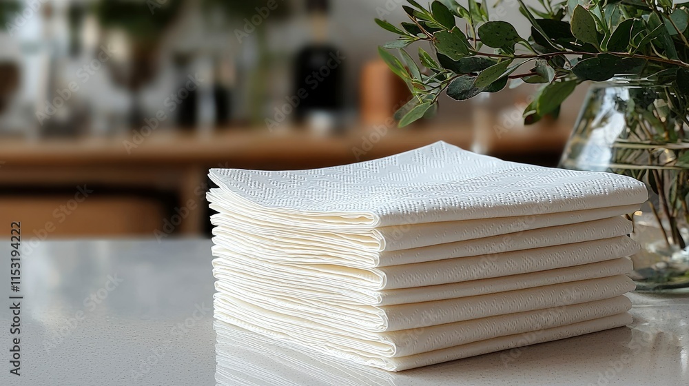 A stack of white paper napkins sits on a table. Perfect for restaurants, cafes, or home use. Soft and absorbent for spills and messes. A stack of white paper napkins sits on a table. Perfect for restaurants, cafes, or home use. Soft and absorbent for spills and messes.