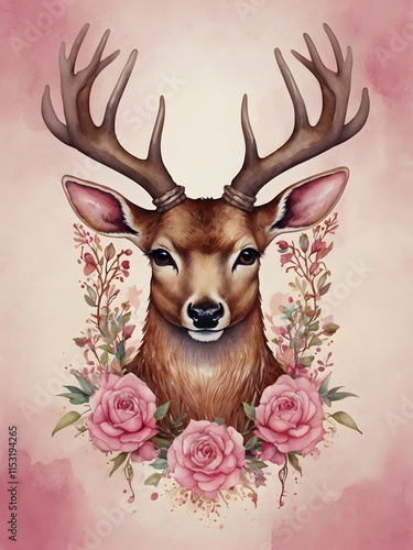 Elegant Watercolor Deer with Intricately Adorned Antlers photo