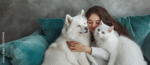 Fluffy white dog cuddled on a sofa