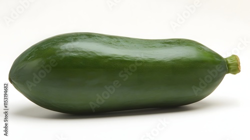 A single unripe green papaya fruit rests on a white background