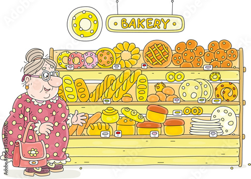 Funny granny with her shopping bag standing in front of a shopboard in a bakery, surrounded by long loafs, breads, rolls, buns, pies, pasties and cakes in a shop, vector cartoon illustration on white