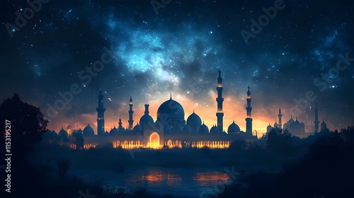 A breathtaking view of a grand mosque at night, bathed in the soft glow of lights under a vibrant starry sky. The scene evokes a sense of peace and serenity. photo