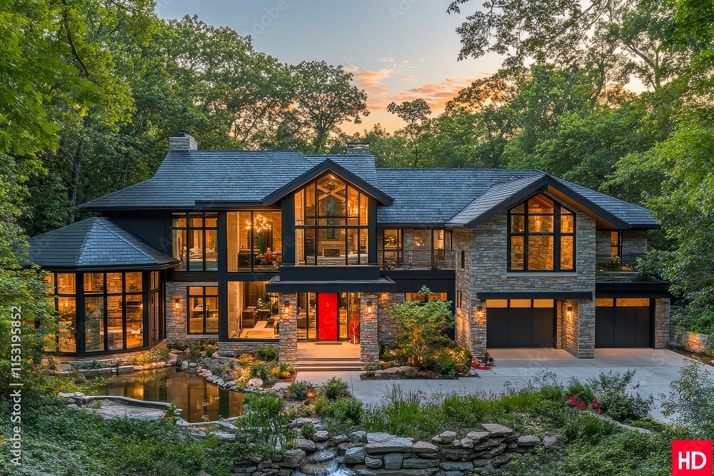 Modern home in St. Louis, Missouri with large windows, stone accents, red front door, glass doors leading to backyard with pond and dense forest, dusk lighting, high-detail photography. Modern home in St. Louis, Missouri with large windows, stone accents, red front door, glass doors leading to backyard with pond and dense forest, dusk lighting, high-detail photography.