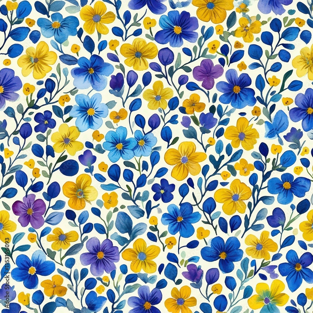 A vibrant pattern of blue and yellow flowers in watercolor style, perfect for brightening any space. A vibrant pattern of blue and yellow flowers in watercolor style, perfect for brightening any space.