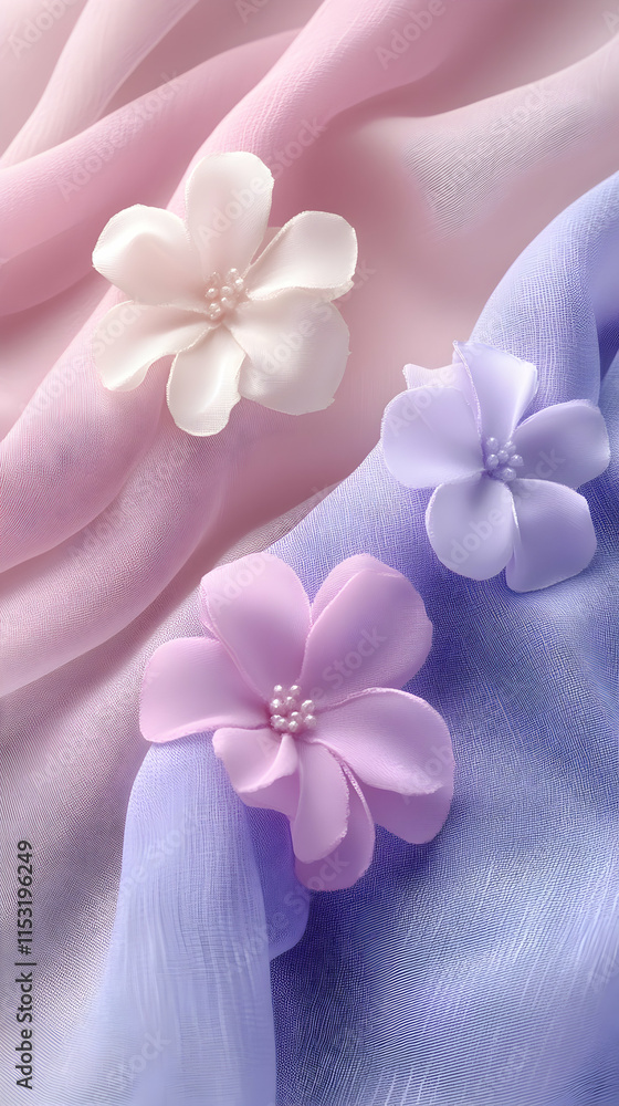 Pastel Flowers on Soft Fabric, Delicate Blooms Adorn Draped Chiffon in Gentle Hues Pastel Flowers on Soft Fabric, Delicate Blooms Adorn Draped Chiffon in Gentle Hues