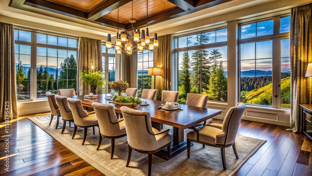Obraz premium Luxurious Northwest Dining Room: Aerial View of Elegant Interior