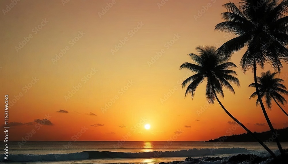 Silhouetted Palm Trees at Sunset, Tropical Beach Scene Silhouetted Palm Trees at Sunset, Tropical Beach Scene