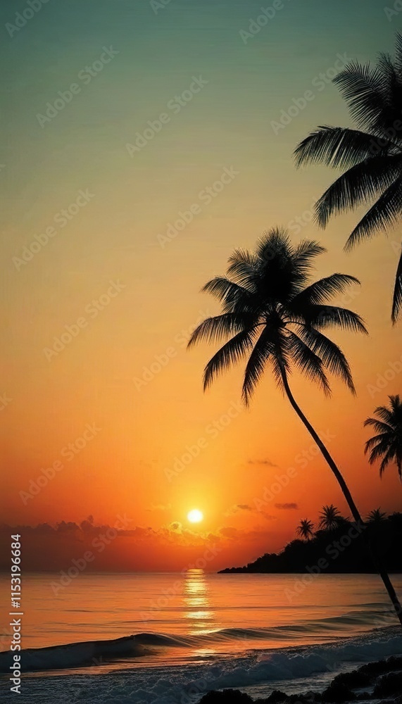 Obraz premium Silhouetted Palm Trees at Sunset, Tropical Beach Scene
