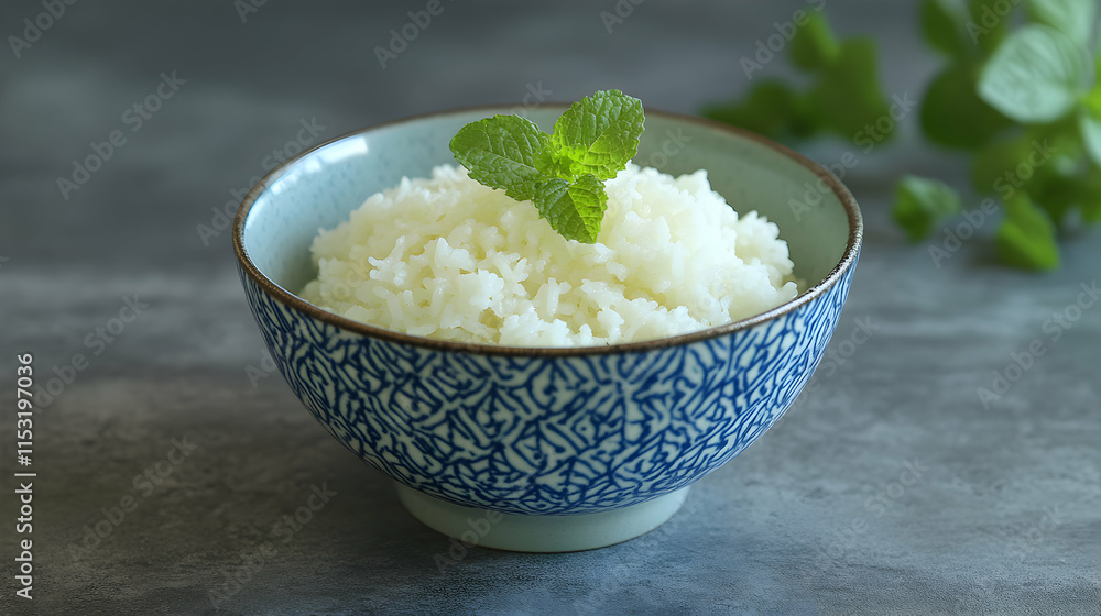 Fluffy White Rice in Blue Bowl, Garnish with Mint Fluffy White Rice in Blue Bowl, Garnish with Mint