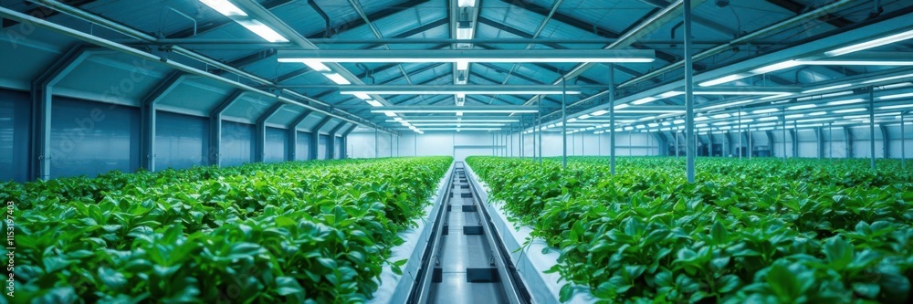 Indoor Hydroponic Farm with Rows of Green Leafy Vegetables Growing Under Artificial Lighting in a Modern Agricultural Facility Indoor Hydroponic Farm with Rows of Green Leafy Vegetables Growing Under Artificial Lighting in a Modern Agricultural Facility