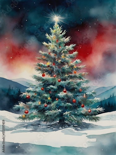 Watercolor Christmas Tree Standing Proud in the Snow photo