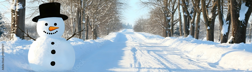 Snowy Winter Wonderland, Snowman Stands by a Snow-Covered Road in a Picturesque Forest Setting, Calmly Observing the Winter Scenery. Snowy Winter Wonderland, Snowman Stands by a Snow-Covered Road in a Picturesque Forest Setting, Calmly Observing the Winter Scenery.
