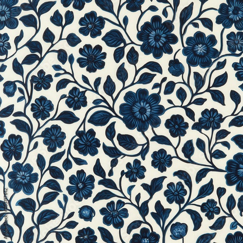 A stunning floral pattern featuring rich blue blooms on a cream background, perfect for adding a touch of elegance to any design.