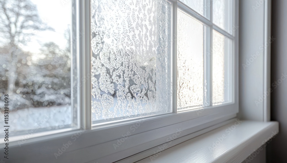 Fototapeta premium Frost patterns glistening on frosted window panes.