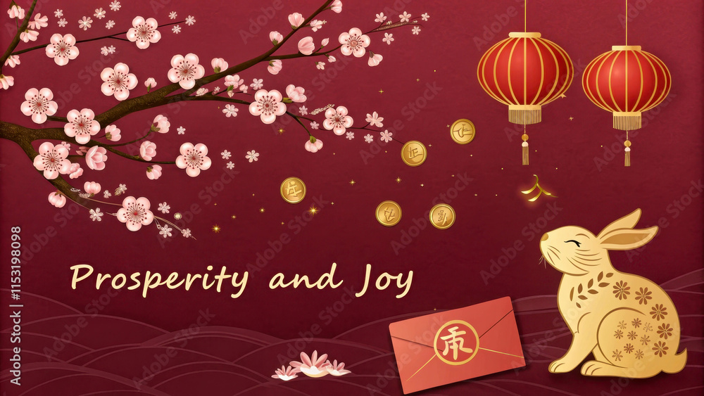 A golden rabbit figurine, plum branches with pink petals, traditional red envelopes ( hongbao ) and Chinese coins. Chinese lanterns float above them. A golden rabbit figurine, plum branches with pink petals, traditional red envelopes ( hongbao ) and Chinese coins. Chinese lanterns float above them.