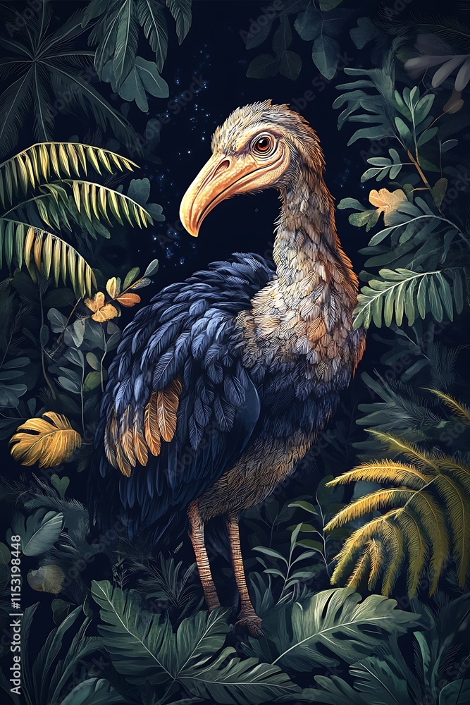 Fototapeta premium Enigmatic Phorusrhacid in Lush Tropical Foliage: A Digital Painting of Extinct Bird