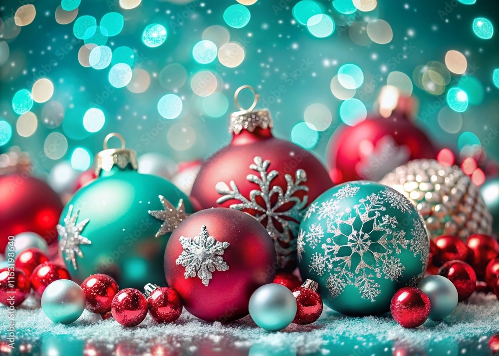 Macro Christmas Background: Turquoise, Red & White Festive Balls, Snowflakes, Ornament, Text Space Macro Christmas Background: Turquoise, Red & White Festive Balls, Snowflakes, Ornament, Text Space